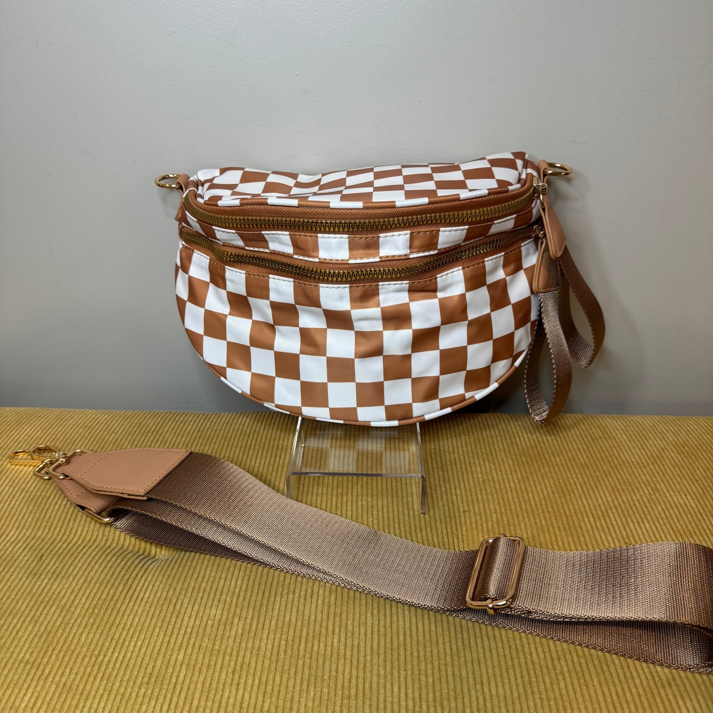The Roni Nylon Crossbody - Checkered Camel - PREORDER