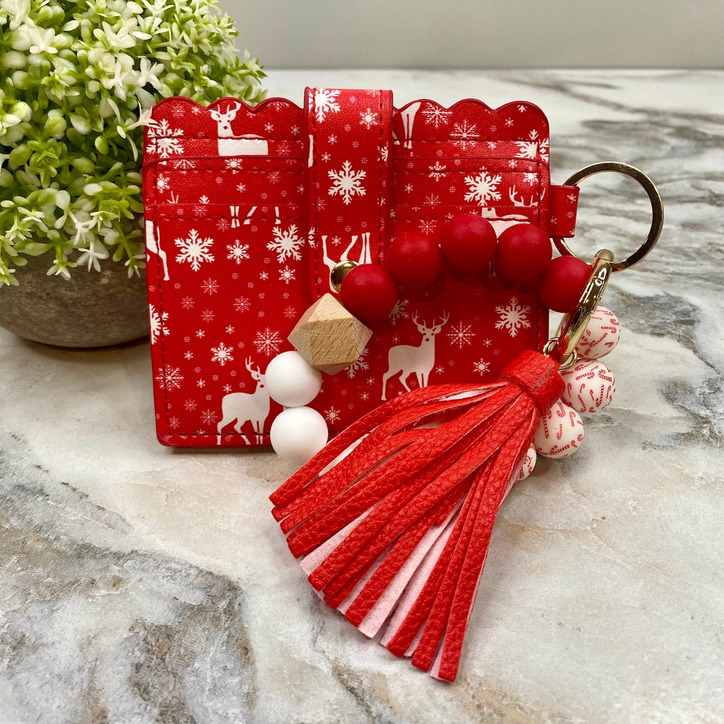 Silicone Bracelet Keychain with Scalloped Card Holder - Christmas - Red Reindeer Snowflake MNC