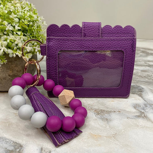 Silicone Bracelet Keychain with Scalloped Card Holder - Purple MNC