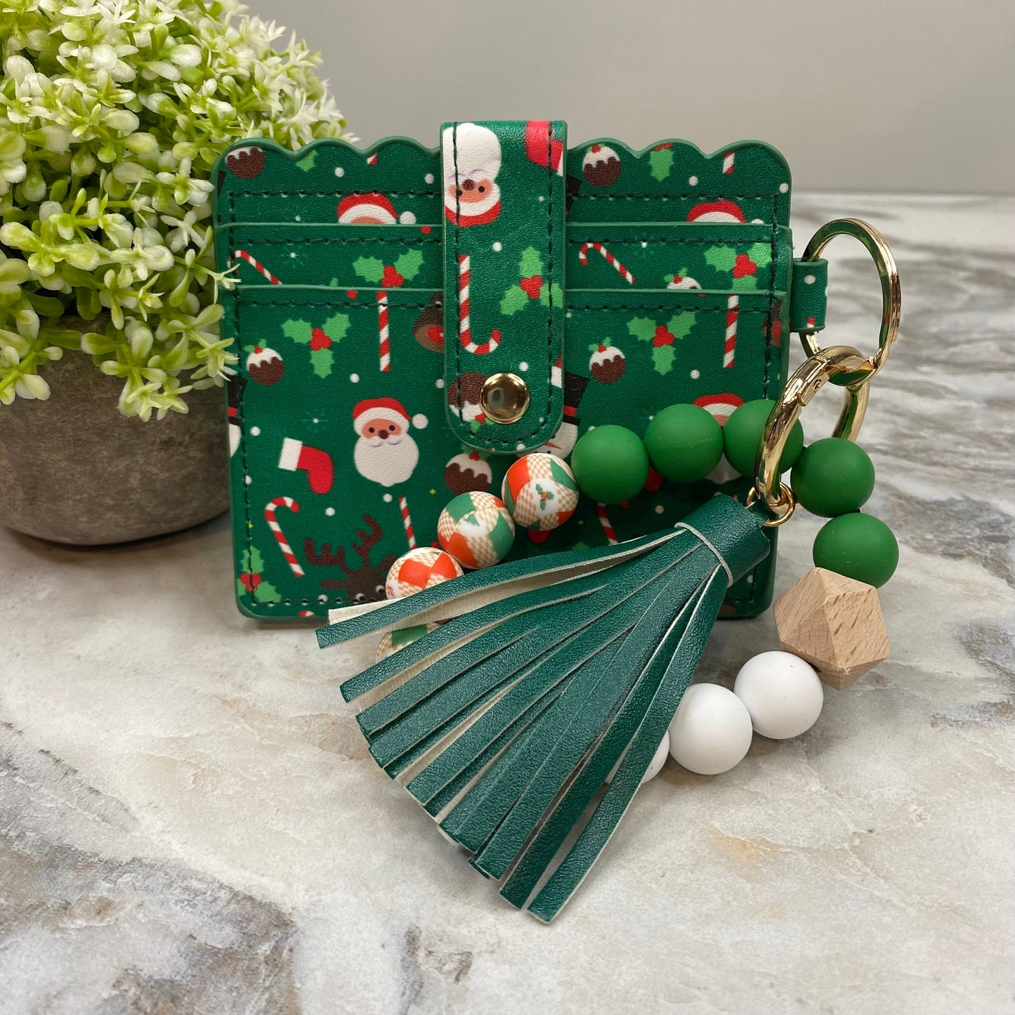 Silicone Bracelet Keychain with Scalloped Card Holder - Christmas - Green Holly Candy Cane MNC