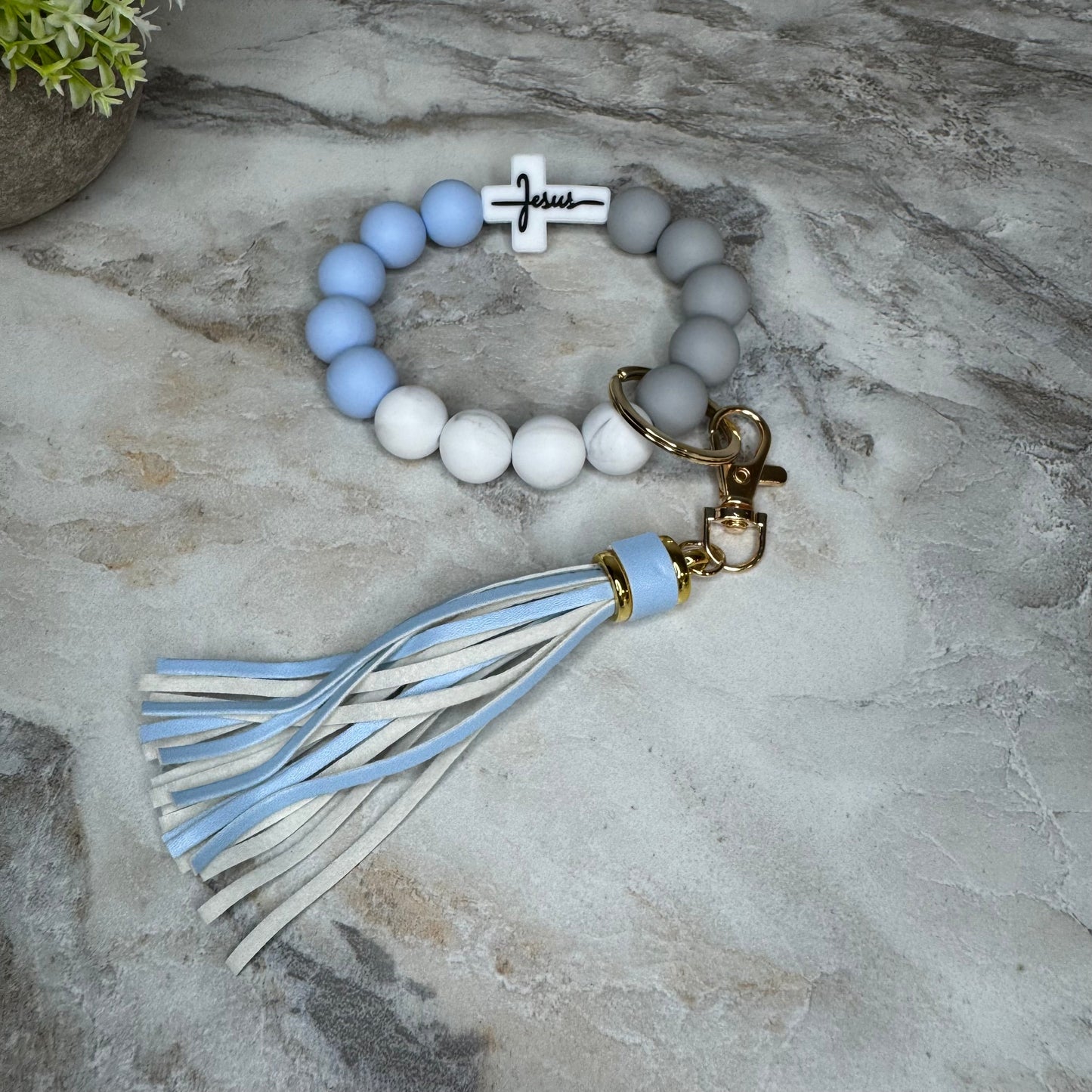 Silicone Bracelet Keychain - Religious, Jesus, White & Blue