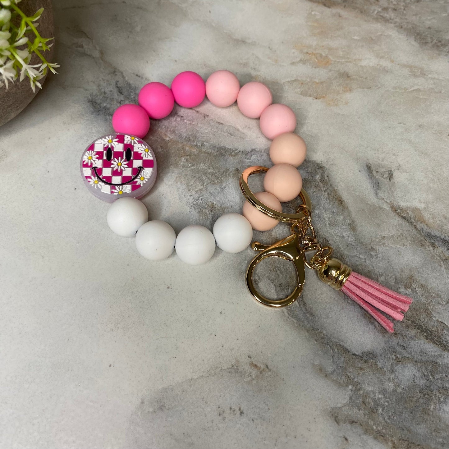 Silicone Bracelet Keychain - Happy Face - Pink