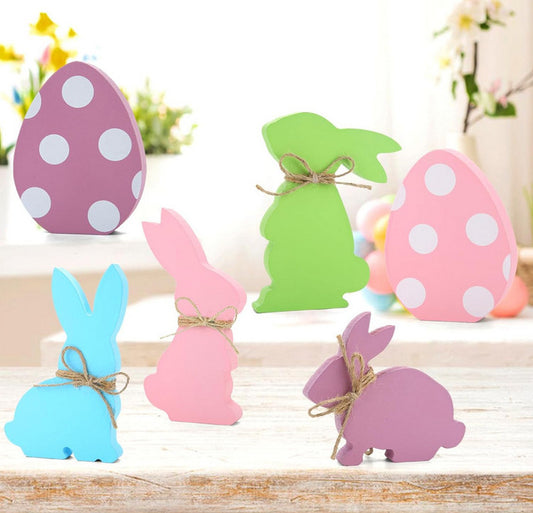 6 pcs Wooden Easter Bunnys & Eggs MN