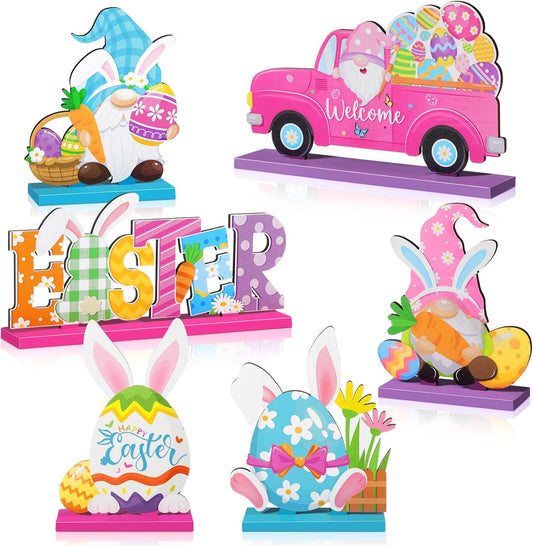 6 Pcs Easter Table Signs Wooden Happy Easter MN