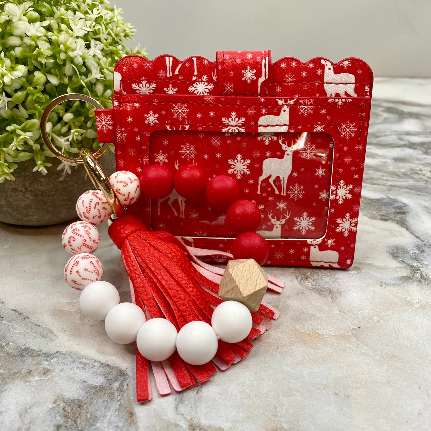 Silicone Bracelet Keychain with Scalloped Card Holder - Christmas - Red Reindeer Snowflake MNC