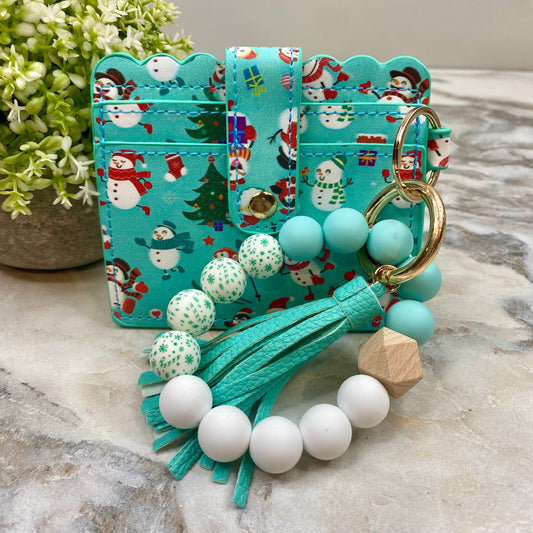 Silicone Bracelet Keychain with Scalloped Card Holder - Christmas - Turquoise Snowman MNC