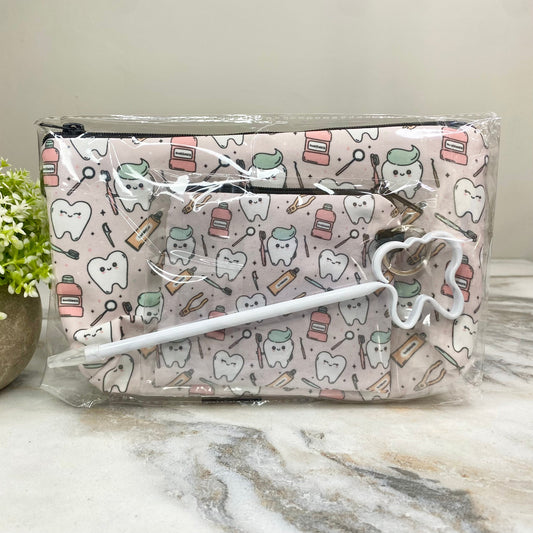 Pouch, Mini Pouch, & Pen Bundled Set - Tooth Dental Hygiene on Pink