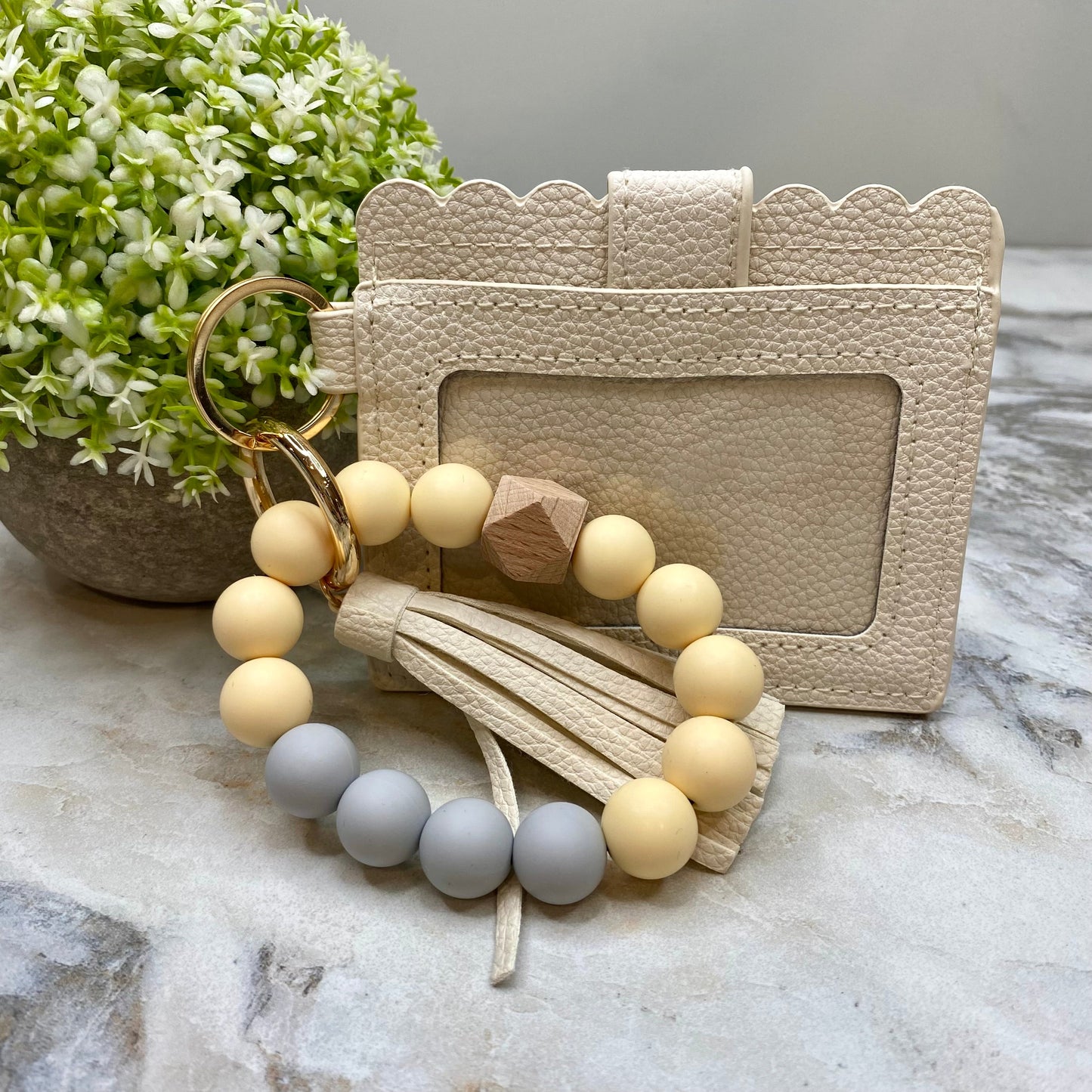 Silicone Bracelet Keychain with Scalloped Card Holder - Buttercream MNC