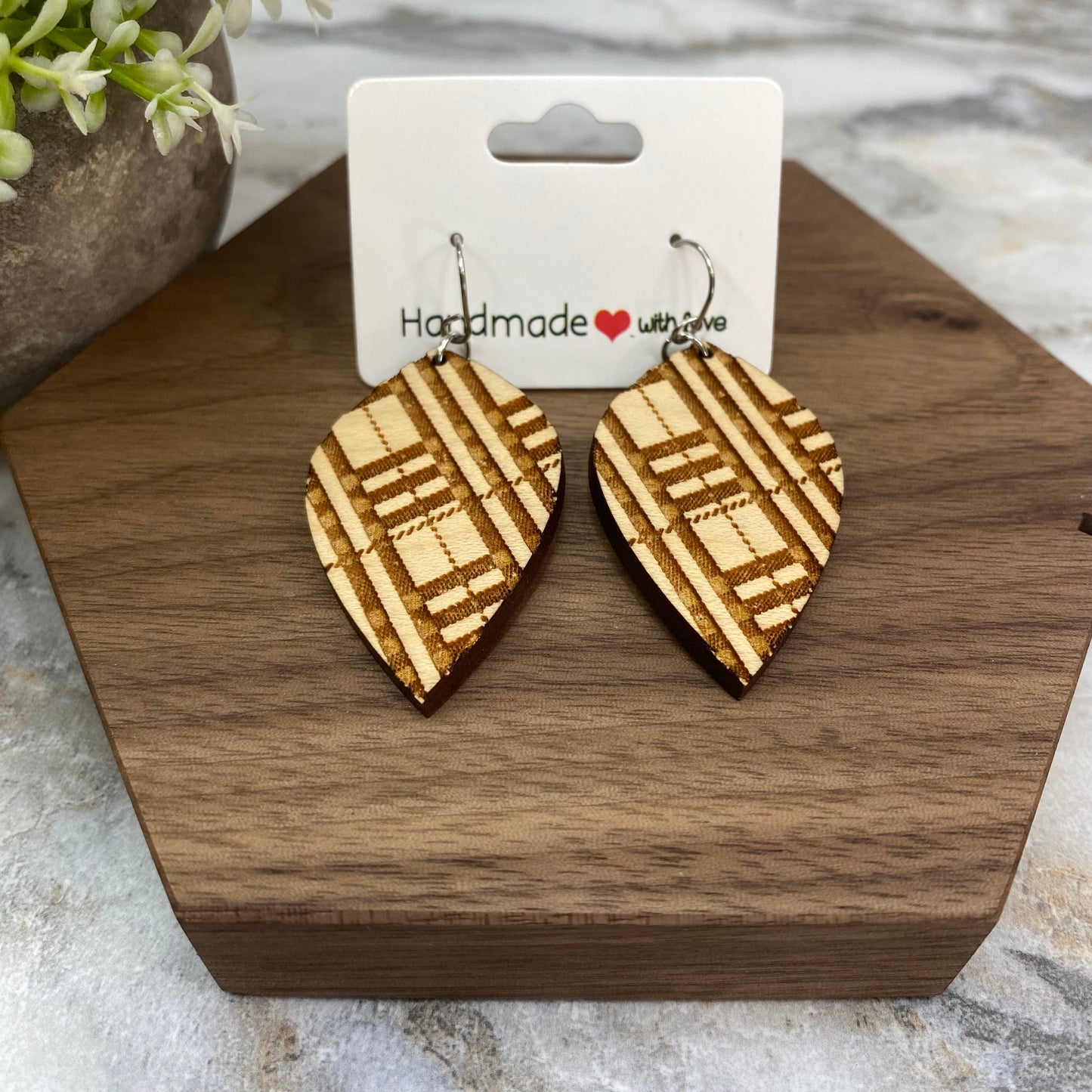 Wooden Dangle Earrings - Checkered Feather