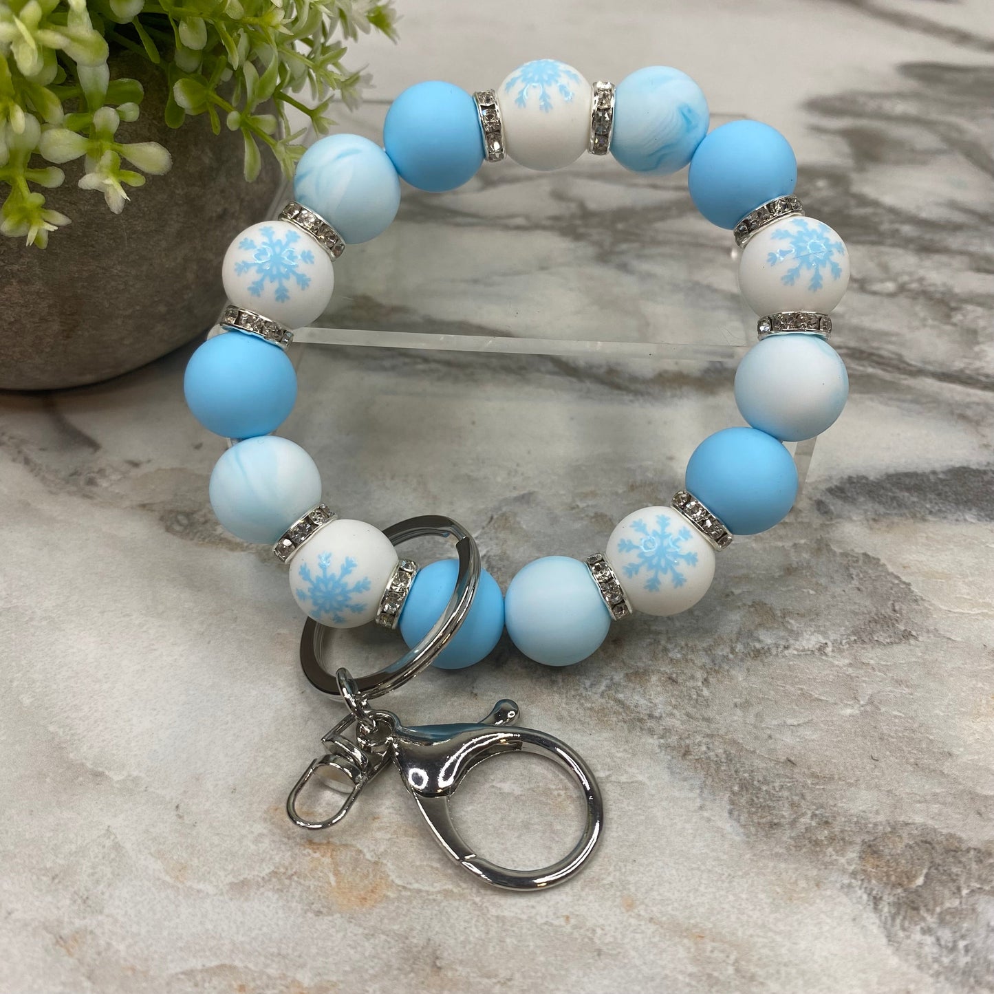 Silicone Bracelet Keychain - Christmas Winter - Light Blue White Snowflake MNC