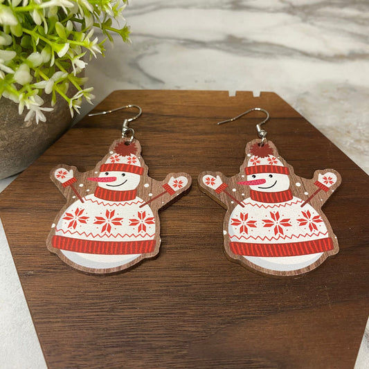Wooden Dangle Earrings - Christmas - Snowman Sweater