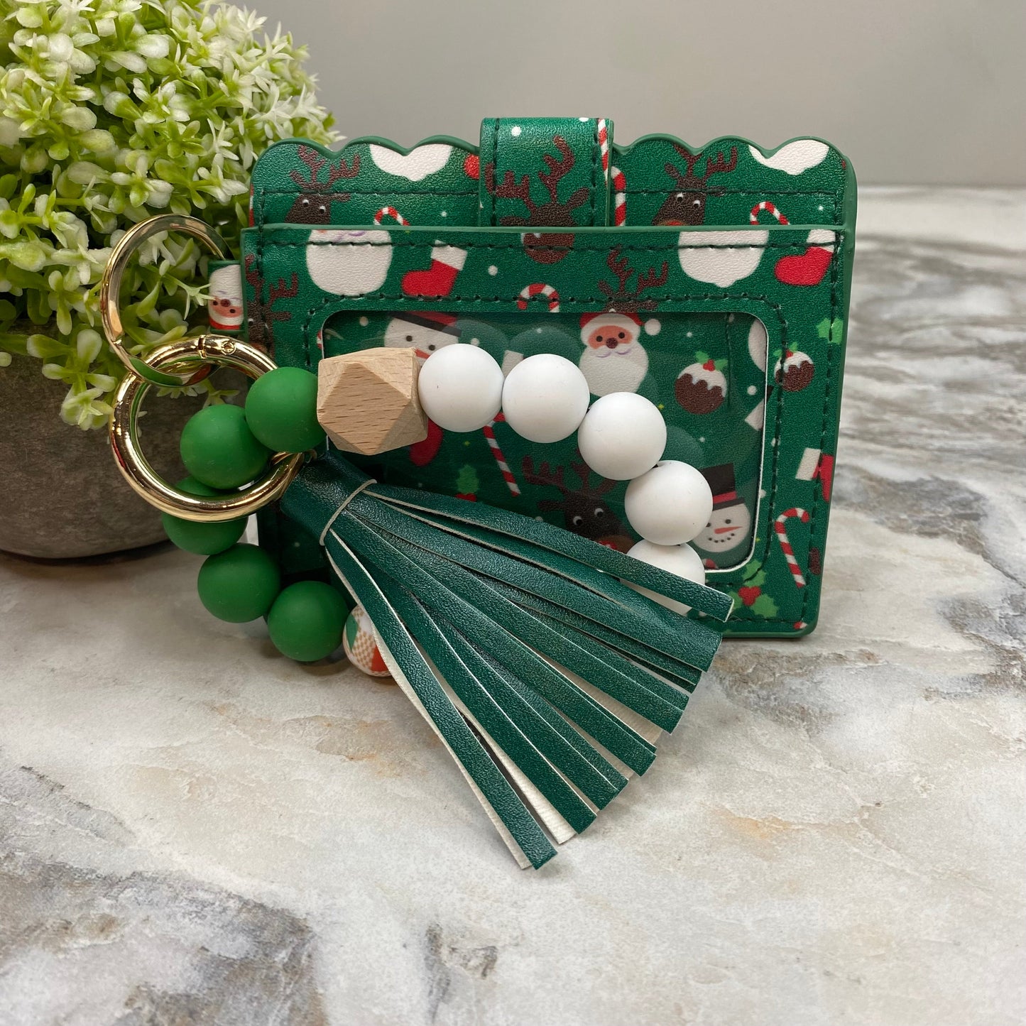 Silicone Bracelet Keychain with Scalloped Card Holder - Christmas - Green Holly Candy Cane MNC