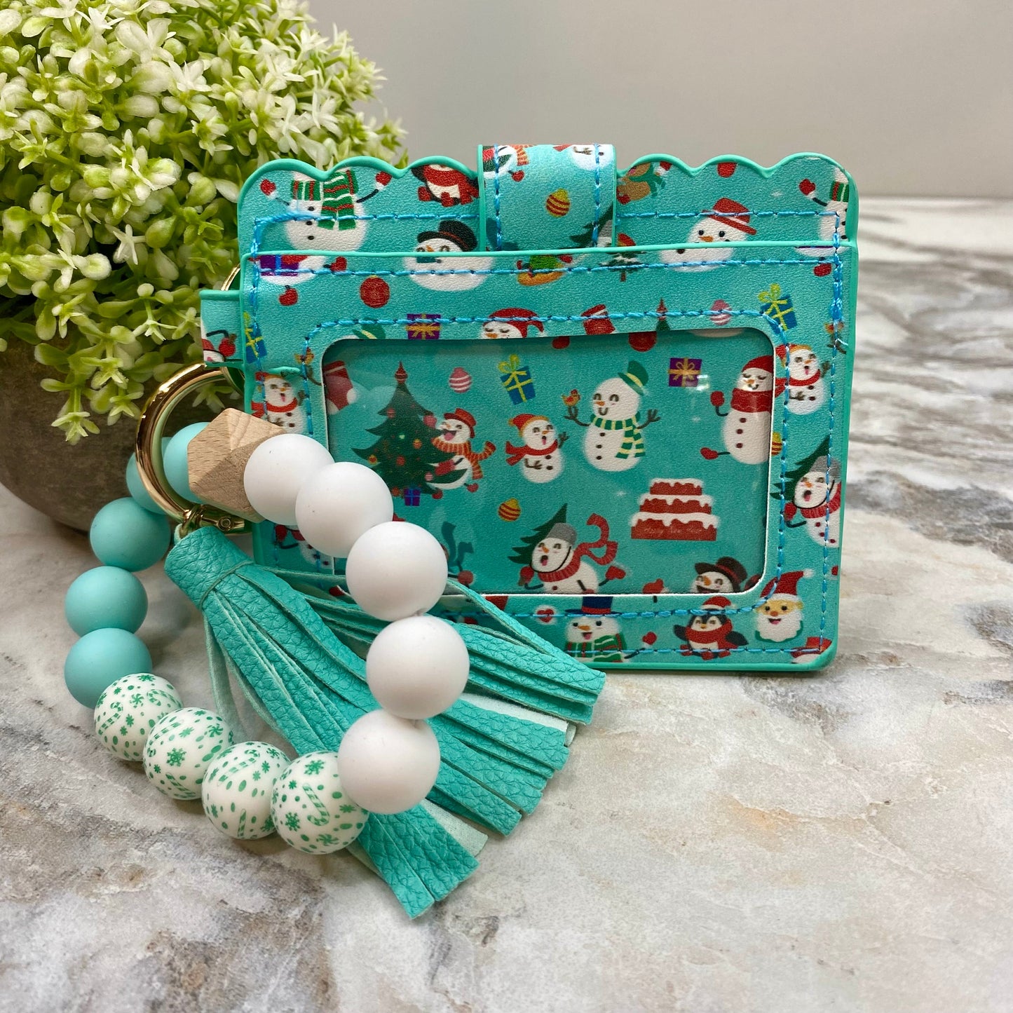Silicone Bracelet Keychain with Scalloped Card Holder - Christmas - Turquoise Snowman MNC