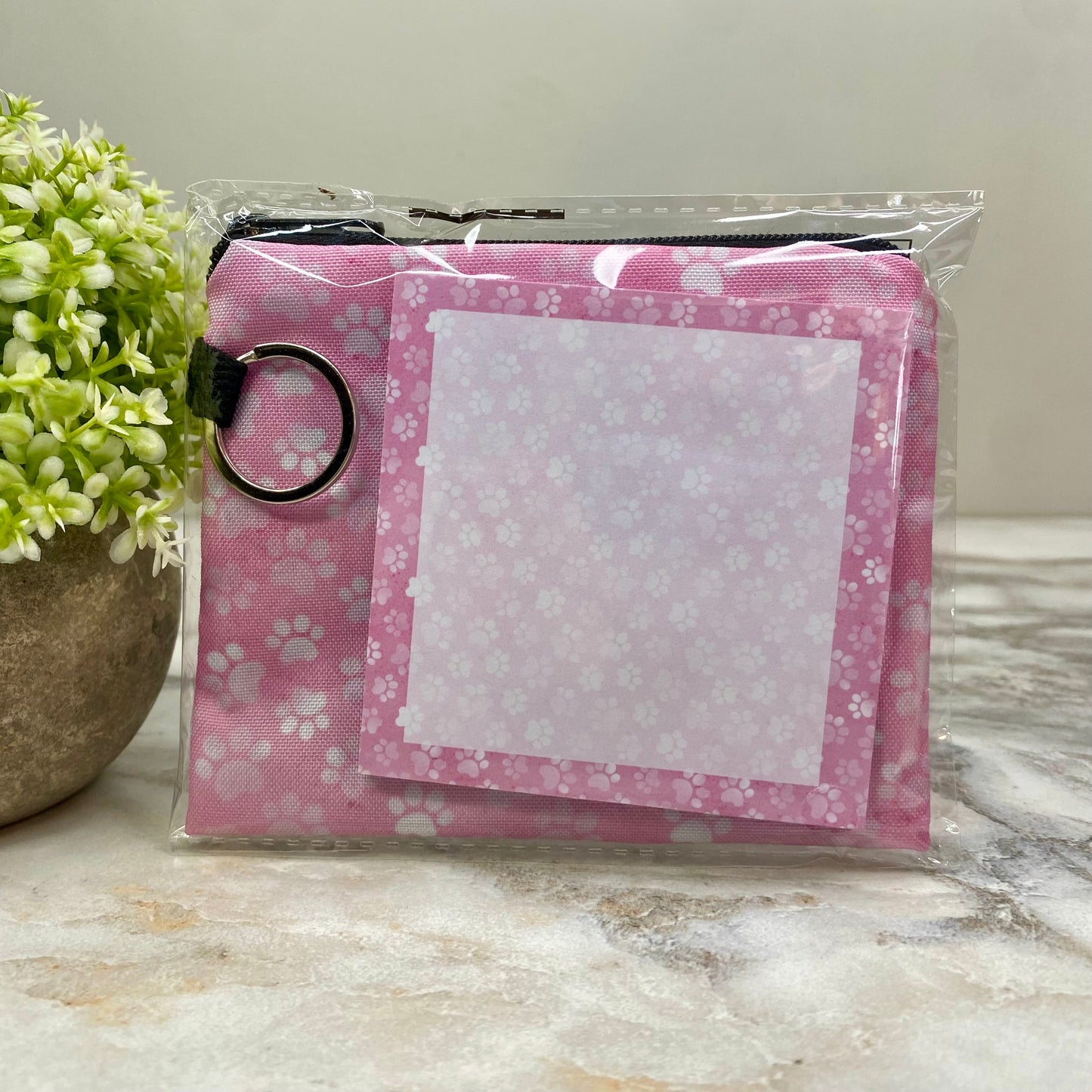 Mini Pouch & Sticky Note Bundled Set - Pink Paw Print Dog