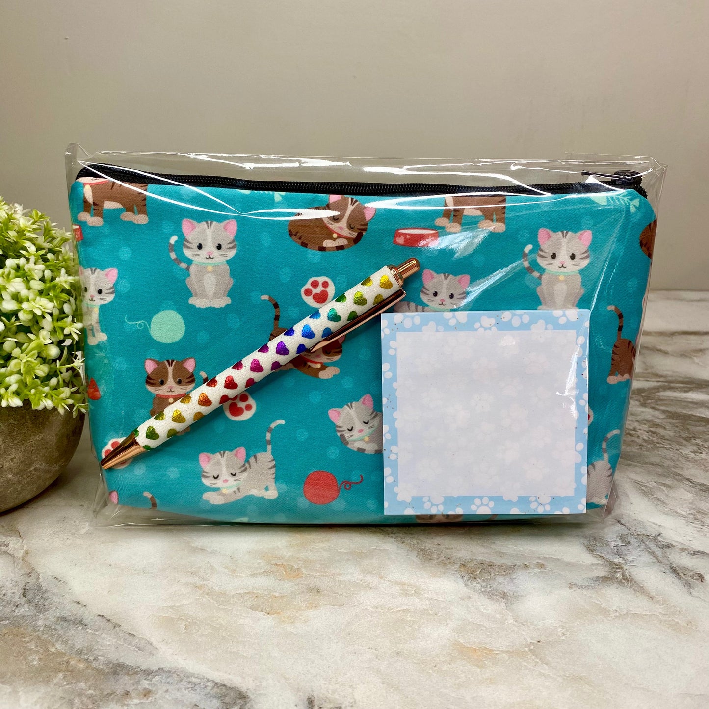 Pouch, Sticky Note, Pen Set - Blue Cat