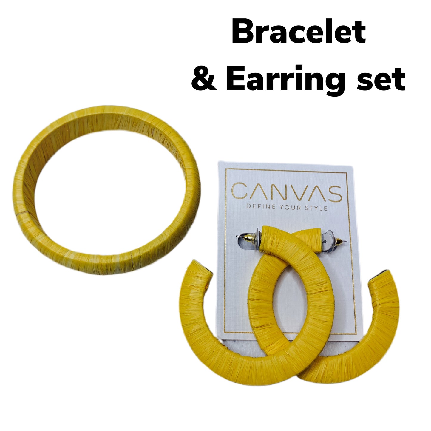 Yellow Raffia Wrapped Earrings & Bracelet Set MN