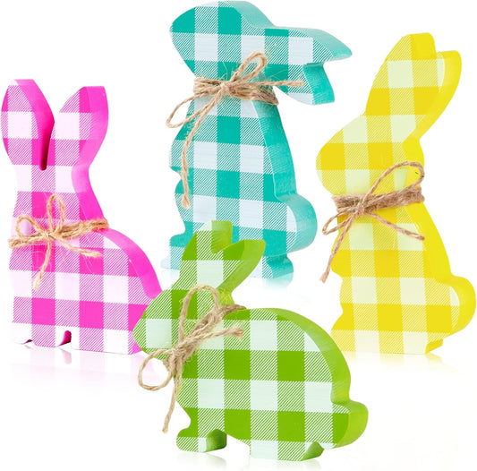 Buffalo Plaid 4 Pieces Easter Bunny Wooden Display MN
