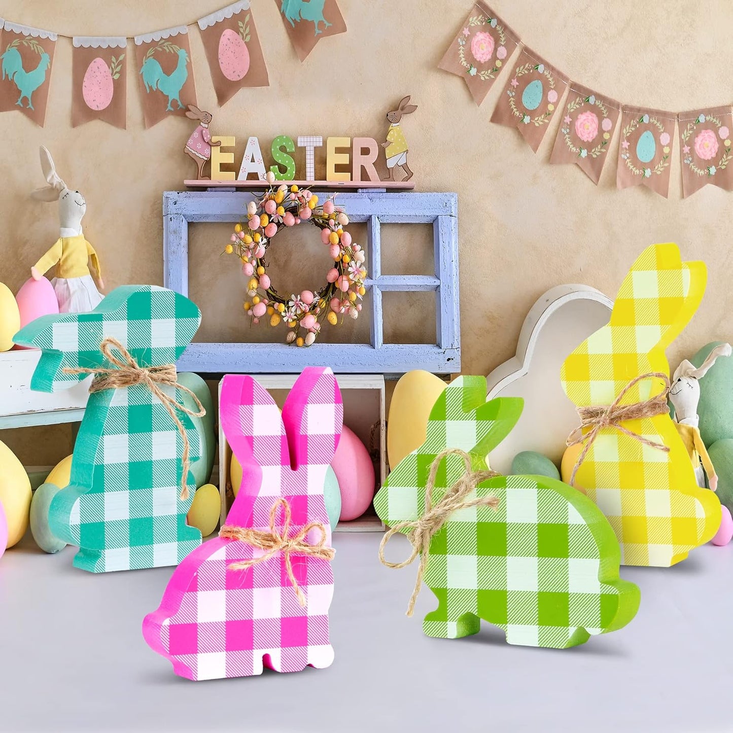 Buffalo Plaid 4 Pieces Easter Bunny Wooden Display MN