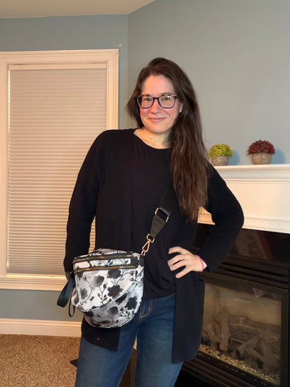 The Roni Nylon Crossbody - Floral Grey Black Shadow