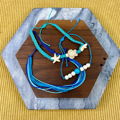 Bracelet Pack - Adjustable String Turtle Starfish Blue - Pack 14