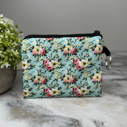 Mini Pouch - Floral Pink Yellow on Mint