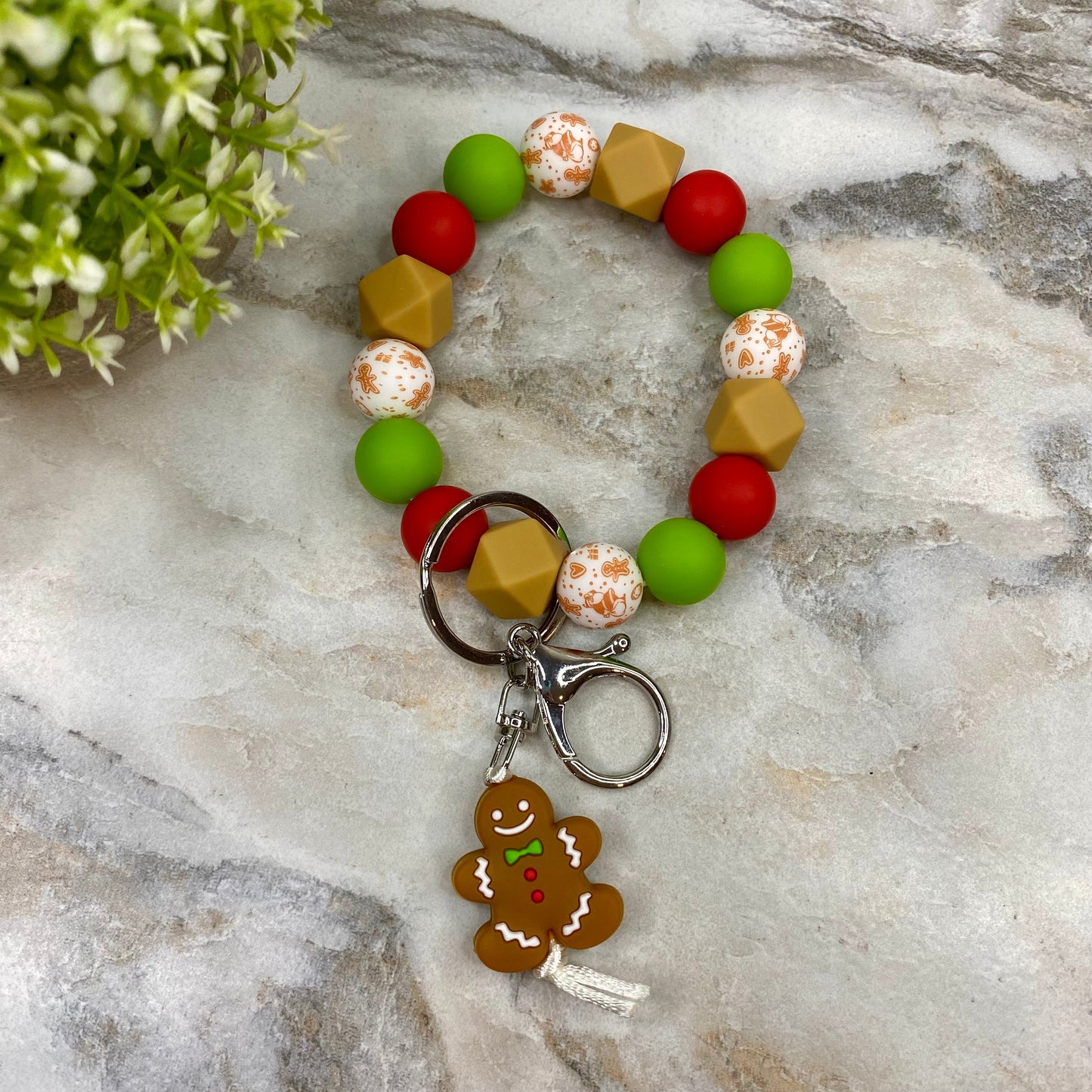 Silicone Bracelet Keychain - Christmas Winter - Green Red Tan Gingerbread Man MNC