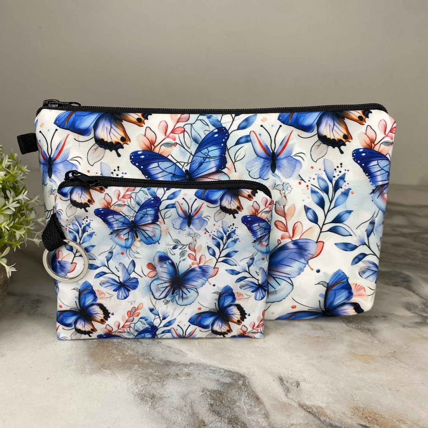 Pouch & Mini Pouch Bundled Set - Butterfly Blue Leaves