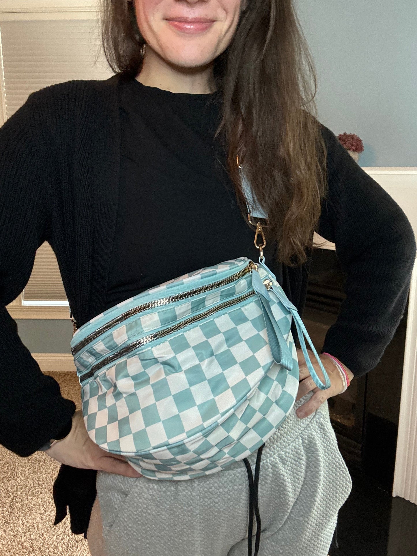 Roni - Checkered - Nylon Crossbody - Aqua