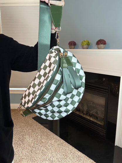 Roni - Checkered - Nylon Crossbody - Dark Green - PREORDER