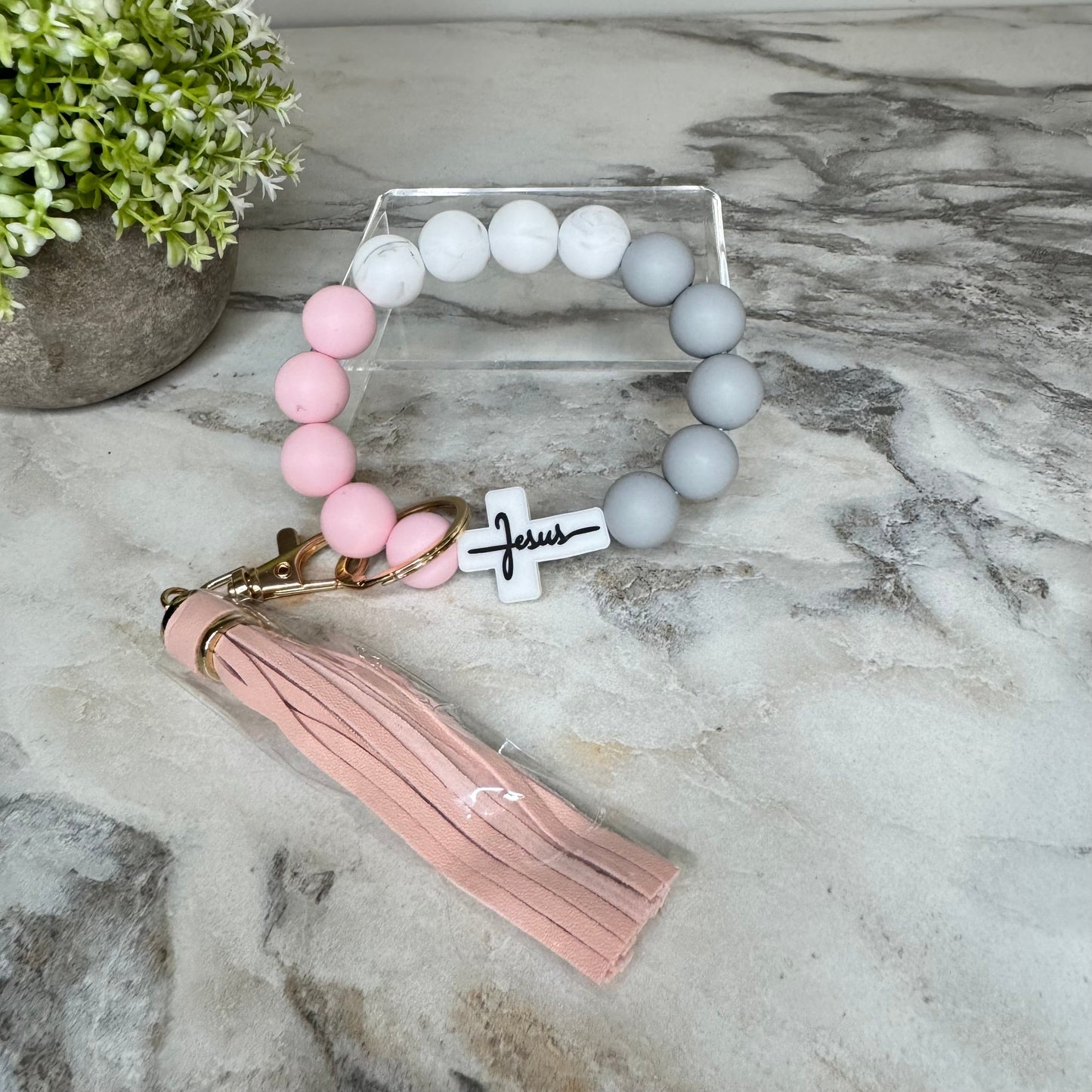 Silicone Bracelet Keychain - Religious, Jesus, White & Pink
