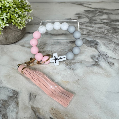 Silicone Bracelet Keychain - Religious, Jesus, White & Pink
