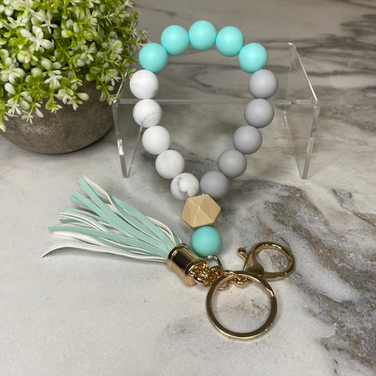 Silicone Bracelet Keychain with Wood Bead & Tassel - Aqua