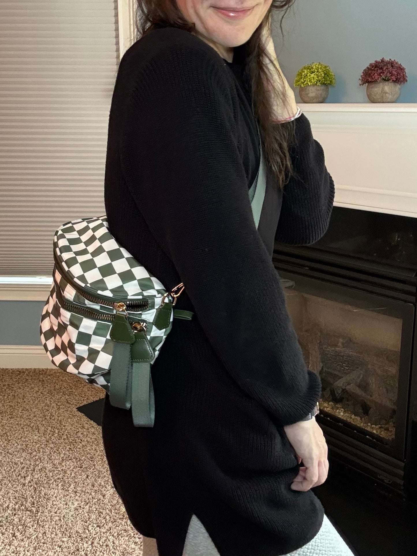 Roni - Checkered - Nylon Crossbody - Dark Green - PREORDER