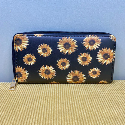 Wallet - Faux Leather - Medium Sunflowers on Black Background