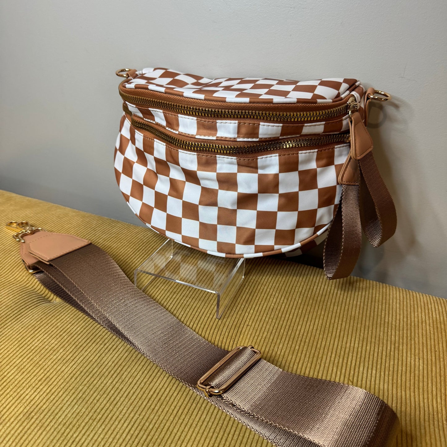 The Roni Nylon Crossbody - Checkered Camel - PREORDER
