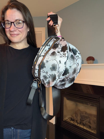 The Roni Nylon Crossbody - Floral Grey Black Shadow