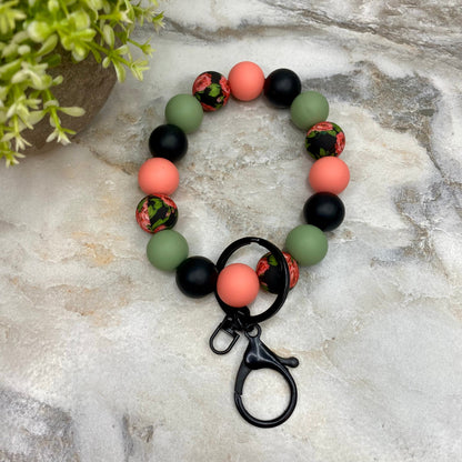 Silicone Bracelet Keychain - Olive Coral Black Roses