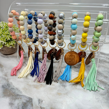 Wooden Bead Bracelet Keychain - Mama - Blue & Beige