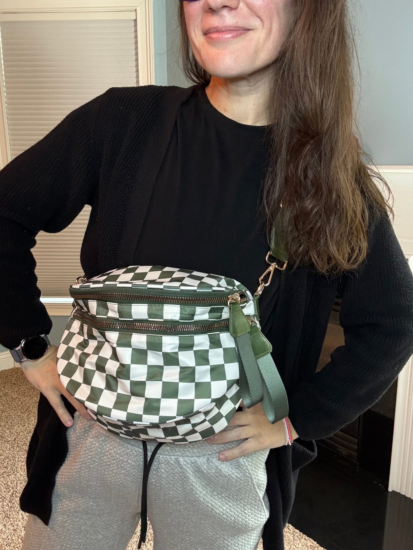 Roni - Checkered - Nylon Crossbody - Dark Green - PREORDER