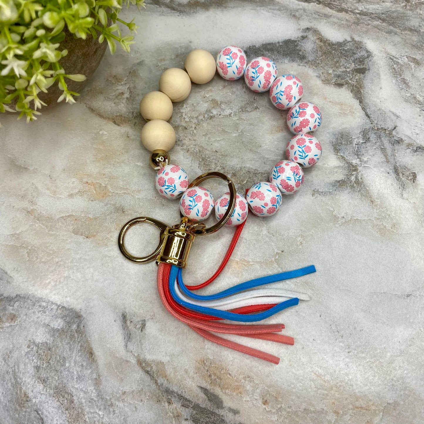 Wood Bracelet with Tassel Keychain - Pink Blue Floral