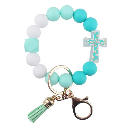 Silicone Bracelet Keychain - Floral Cross