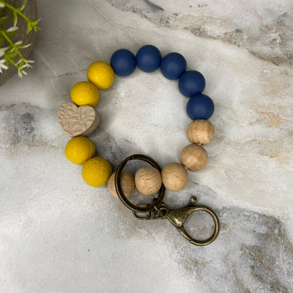 Silicone & Wood Bracelet Keychain - Heart - Yellow & Blue