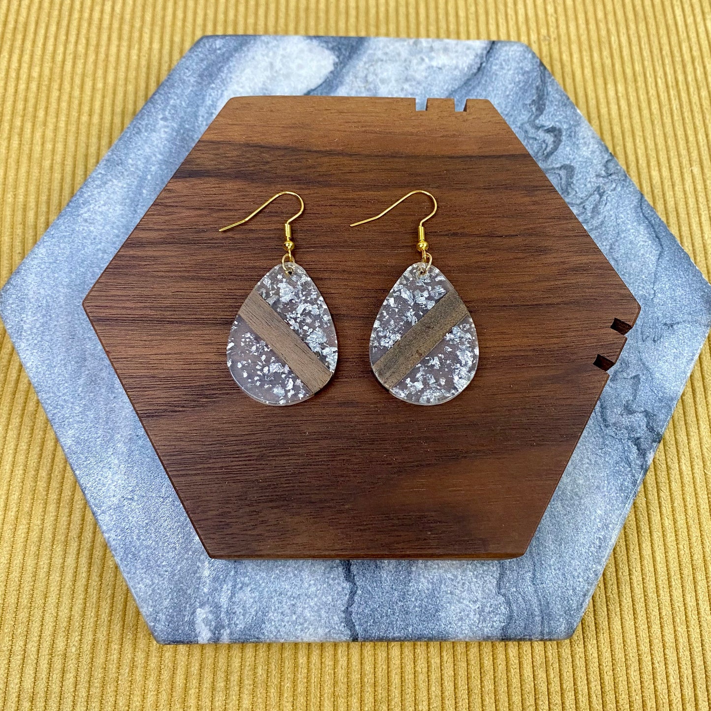 Dangle Earring - Wood & Acrylic - Clear Silver Glitter & Wood