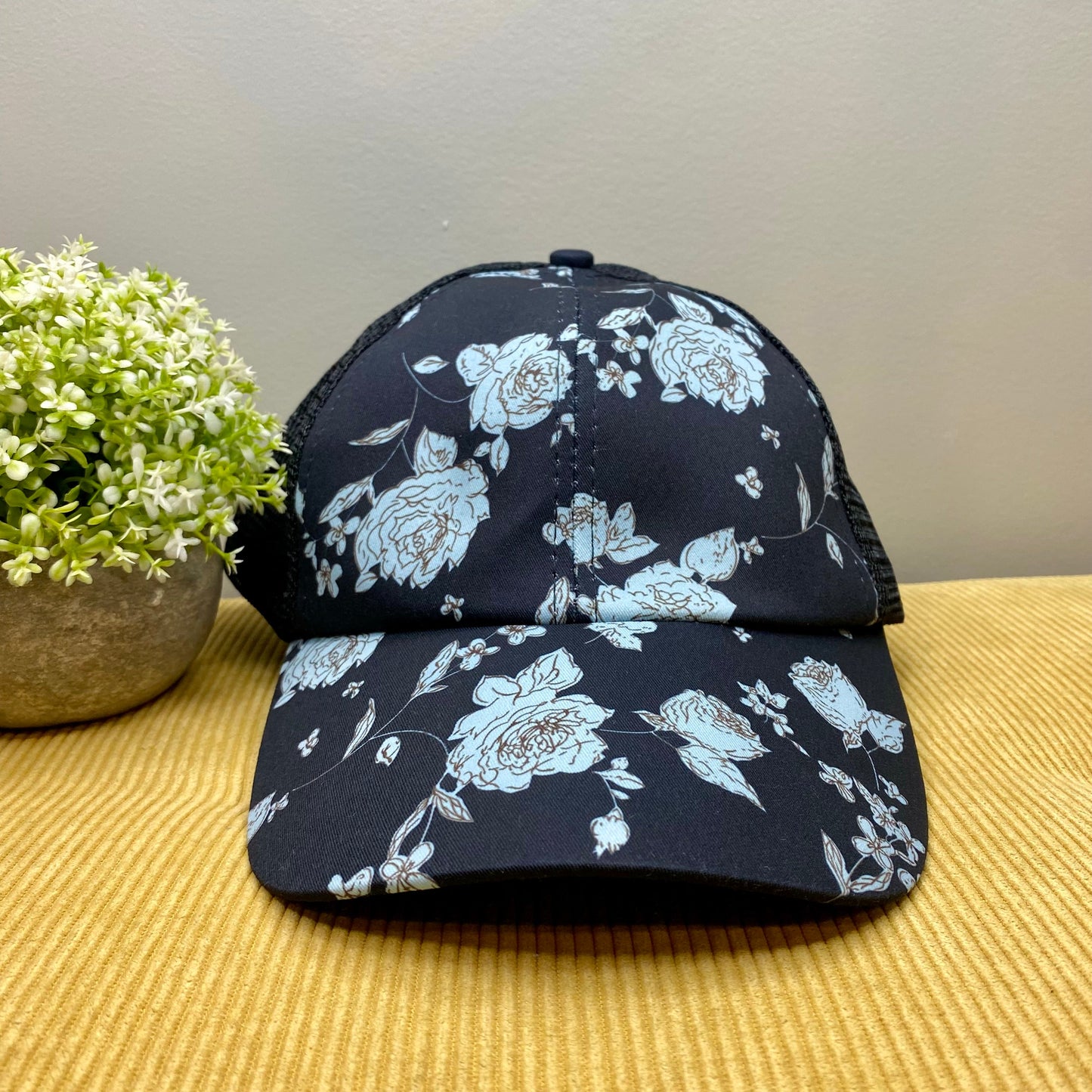 Hat - Criss Cross Ponytail - Black with Grey Roses