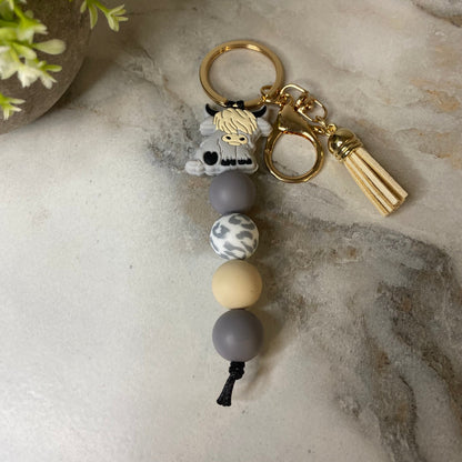 Keychain - Silicone Bead - Highland Cow - Grey