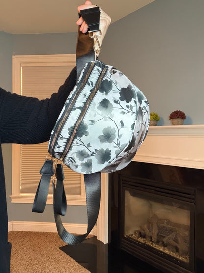 The Roni Nylon Crossbody - Floral Grey Black Shadow