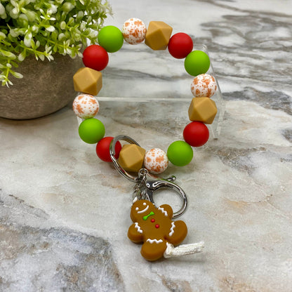 Silicone Bracelet Keychain - Christmas Winter - Green Red Tan Gingerbread Man MNC