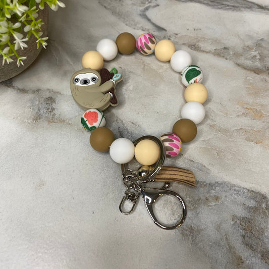 Silicone Bracelet Keychain - Sloth Tan Floral