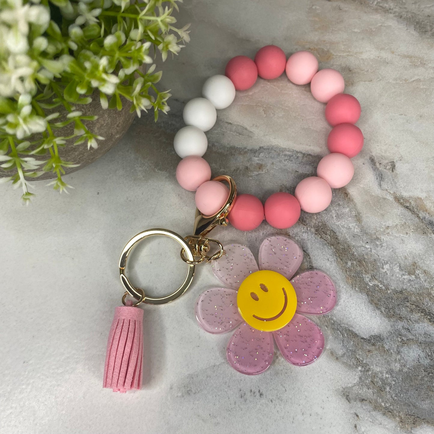 Silicone & Acrylic Bracelet Keychain - Daisy - Coral Pink