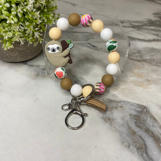 Silicone Bracelet Keychain - Sloth Tan Floral